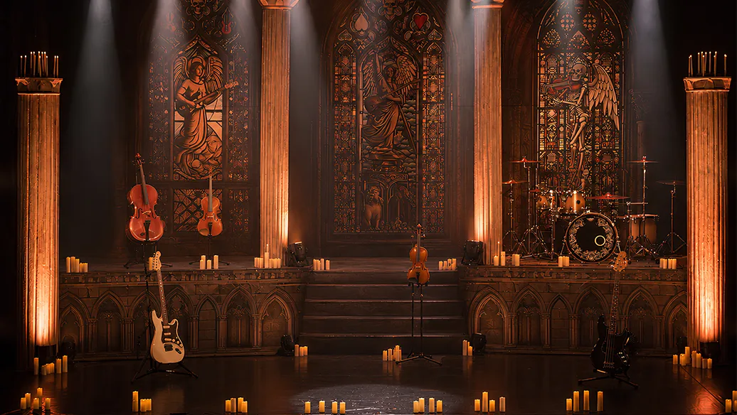 Plano amplio del escenario: tres vidrieras góticas con ángeles, columnas iluminadas y velas, con los instrumentos dispuestos.